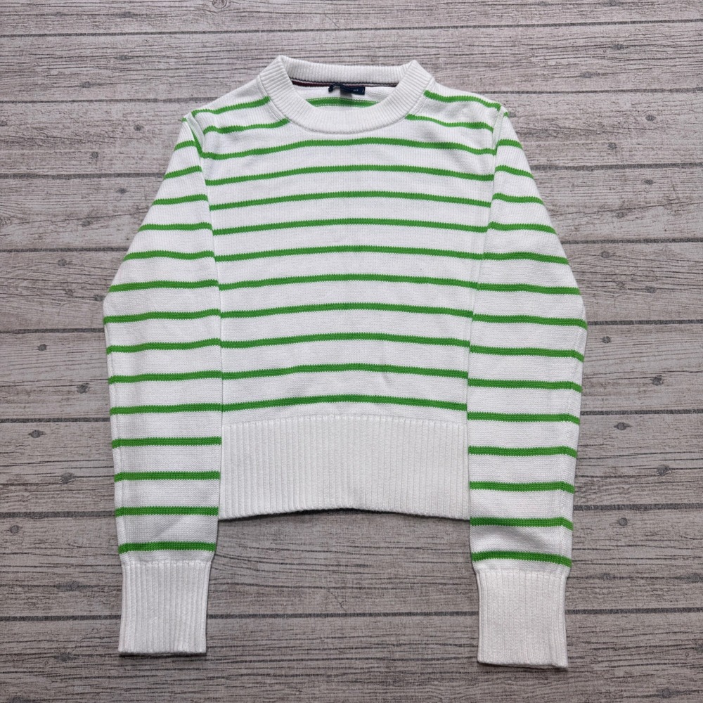Tommy Hilfiger Sweater Women's Small White Green Striped Ribbed Pullover Preppy